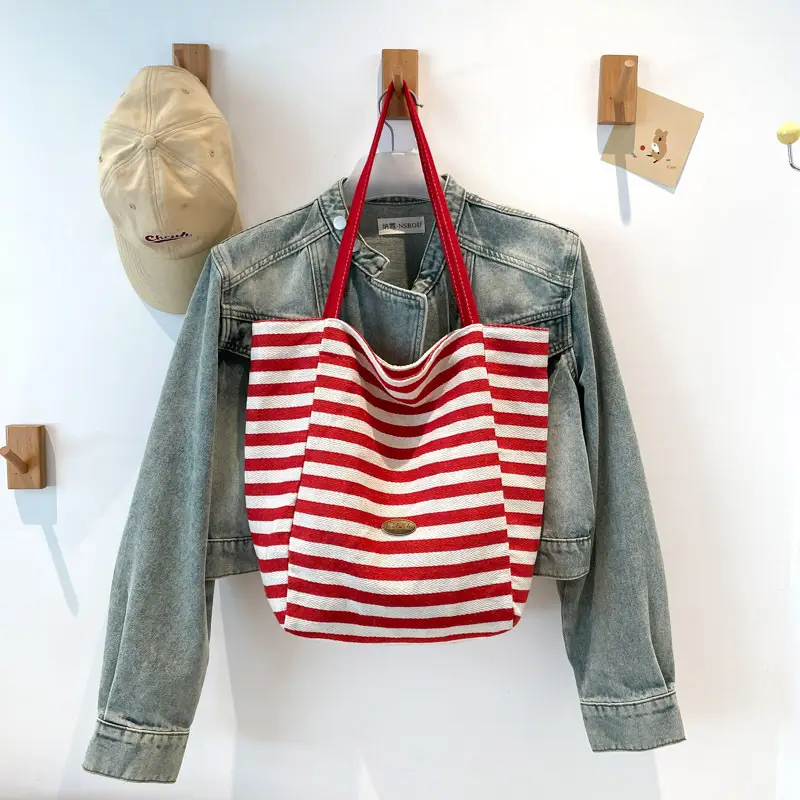 Red Striped Canvas Tote Bag for Women Single Shoulder Large Capacity - Image 3