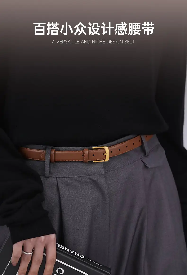 Brown Genuine Leather Belt with Gold Buckle — feature 1