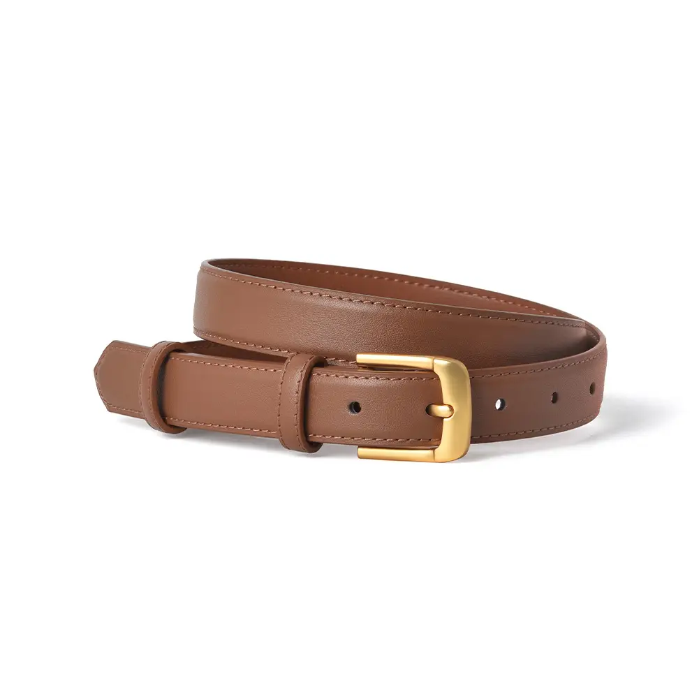 Brown Genuine Leather Belt with Gold Buckle - Image 3