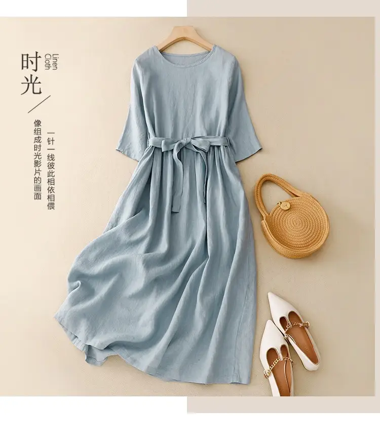 2026 Summer Cotton-Linen Belted Flared Dress — feature 1