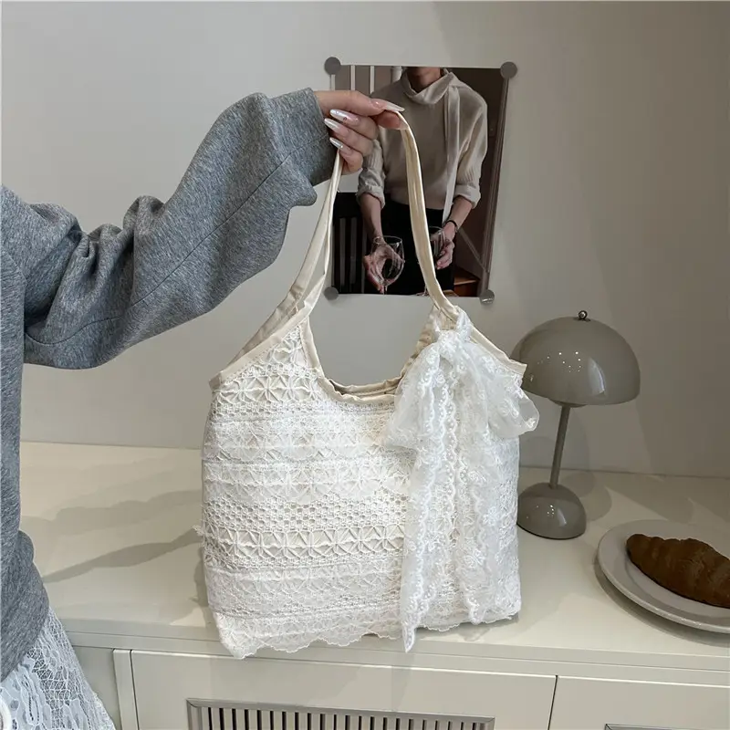 Women Lace Shoulder Bag Cream Large Capacity Summer Fashion - Image 4