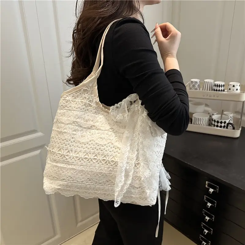 Women Lace Shoulder Bag Cream Large Capacity Summer Fashion - Image 5
