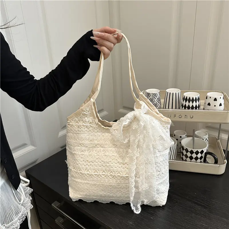 Women Lace Shoulder Bag Cream Large Capacity Summer Fashion - Image 2