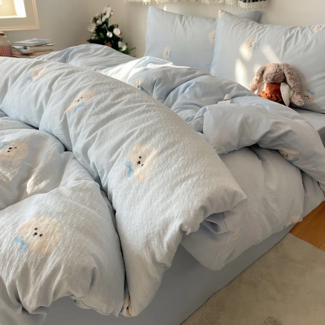 Puff Cotton Four-Piece Set, High-Weight A-Grade Bedding, Skin-Friendly and Soft Duvet Cover, Washed Cotton Bed Sheet, Bedspread for Dormitory