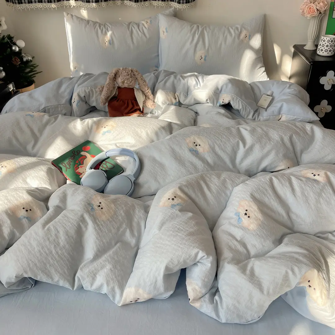 Puff Cotton Four-Piece Set, High-Weight A-Grade Bedding, Skin-Friendly and Soft Duvet Cover, Washed Cotton Bed Sheet, Bedspread for Dormitory