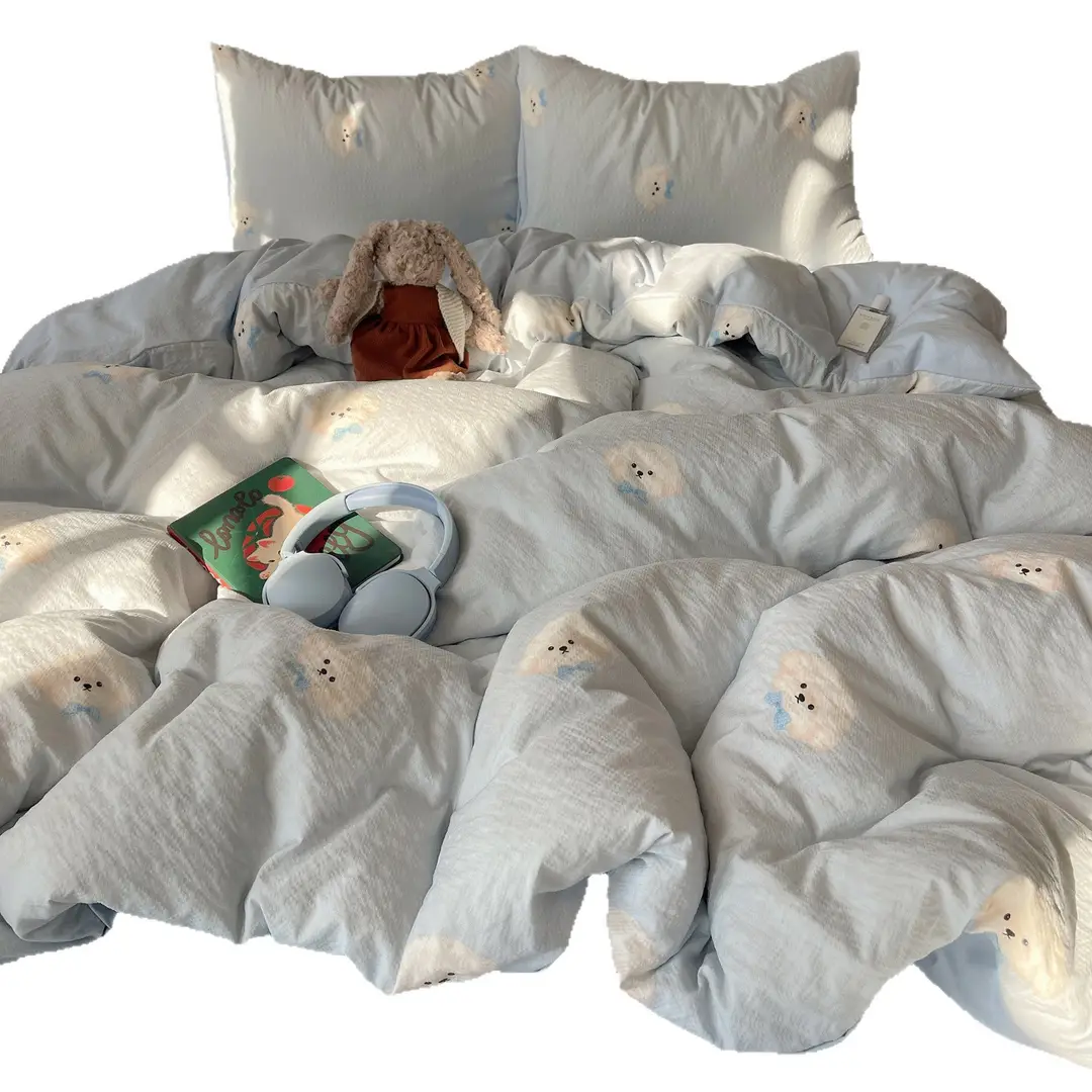 Puff Cotton Four-Piece Set, High-Weight A-Grade Bedding, Skin-Friendly and Soft Duvet Cover, Washed Cotton Bed Sheet, Bedspread for Dormitory