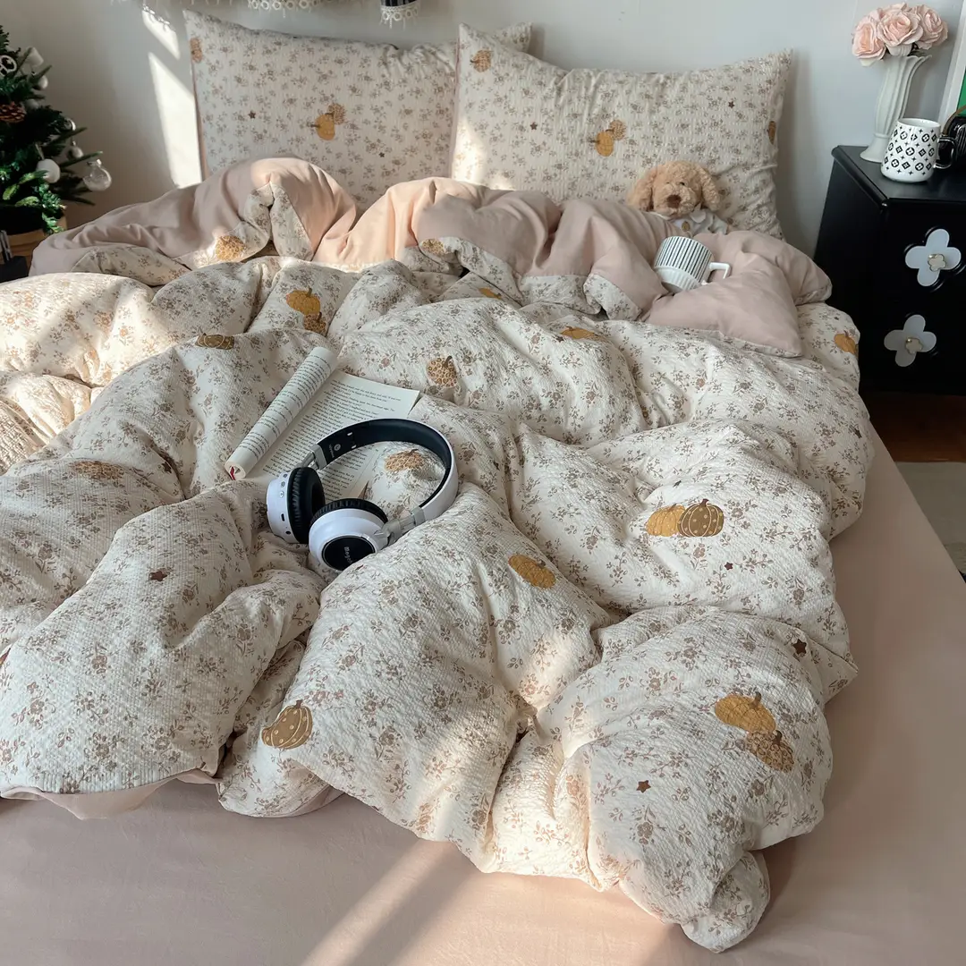 Puff Cotton Four-Piece Set, High-Weight A-Grade Bedding, Skin-Friendly and Soft Duvet Cover, Washed Cotton Bed Sheet, Bedspread for Dormitory