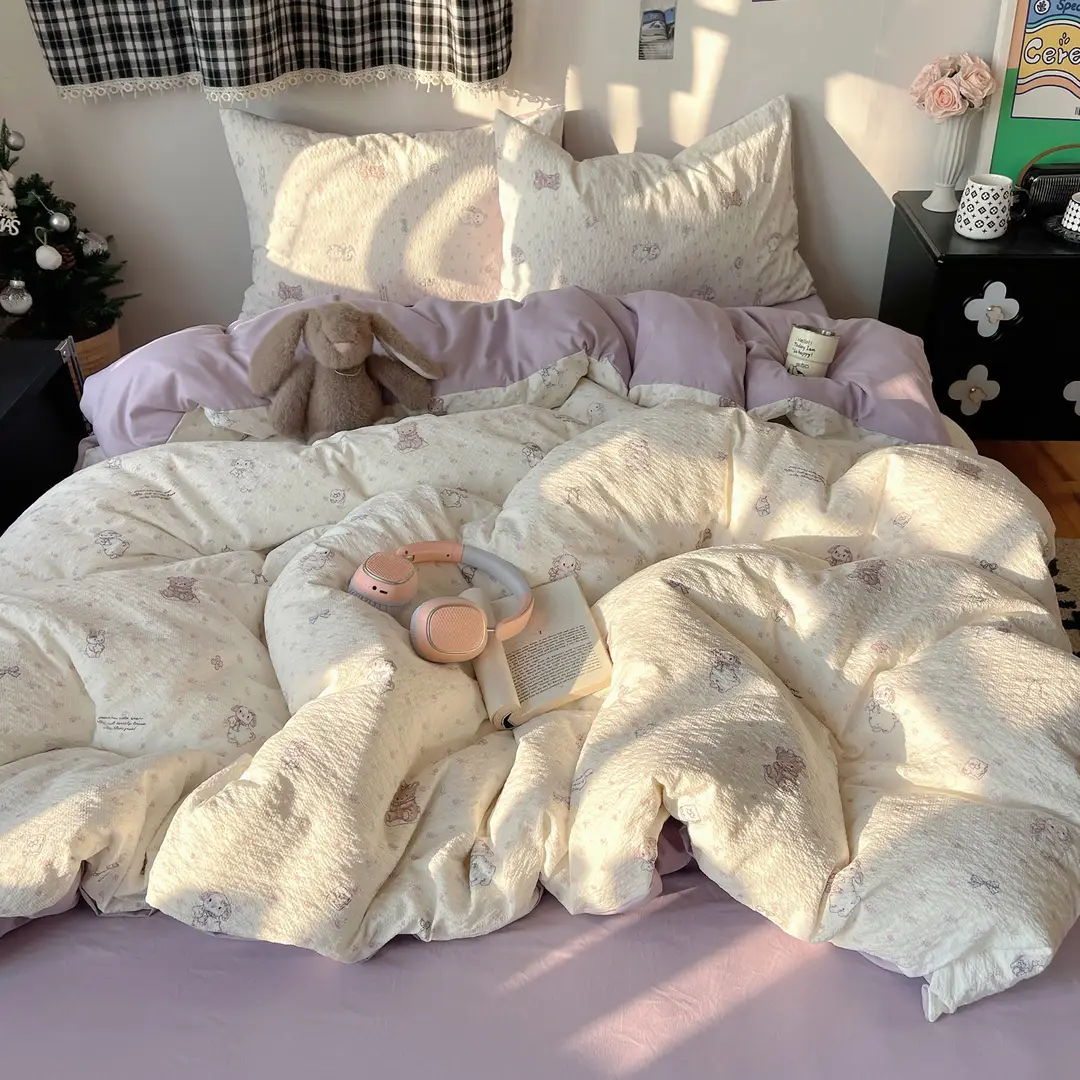 Puff Cotton Four-Piece Set, High-Weight A-Grade Bedding, Skin-Friendly and Soft Duvet Cover, Washed Cotton Bed Sheet, Bedspread for Dormitory