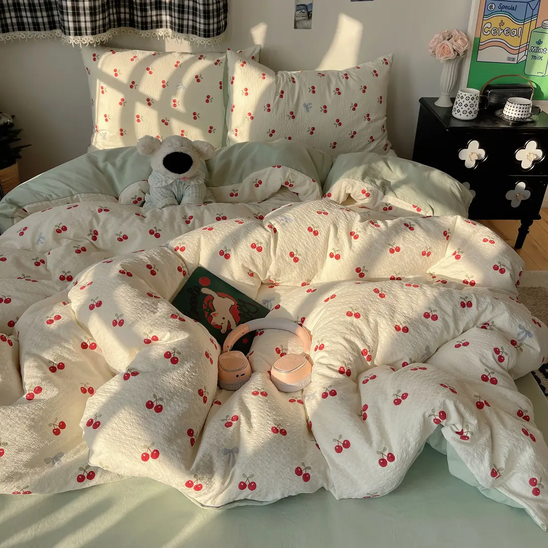 Puff Cotton Four-Piece Set, High-Weight A-Grade Bedding, Skin-Friendly and Soft Duvet Cover, Washed Cotton Bed Sheet, Bedspread for Dormitory