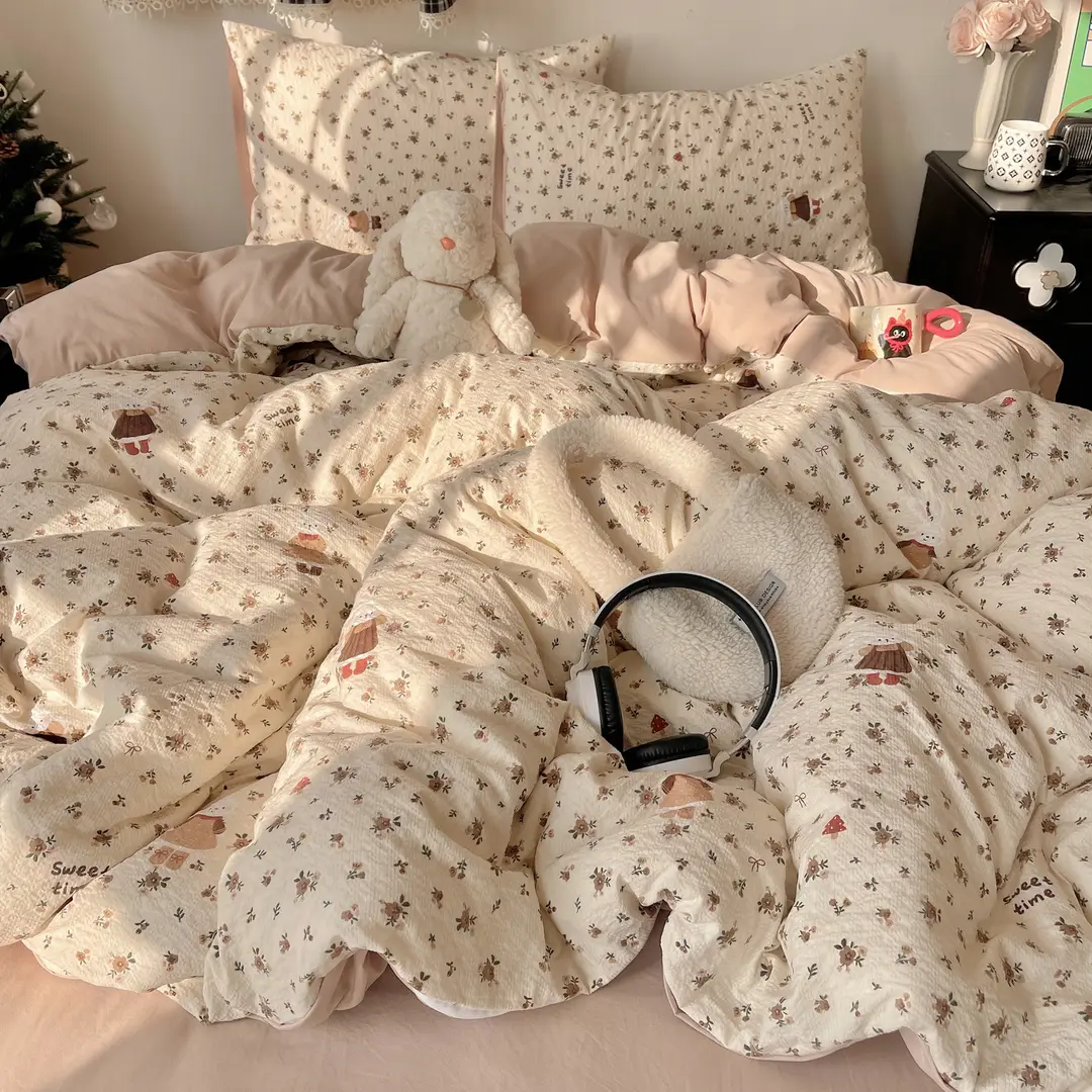 Puff Cotton Four-Piece Set, High-Weight A-Grade Bedding, Skin-Friendly and Soft Duvet Cover, Washed Cotton Bed Sheet, Bedspread for Dormitory