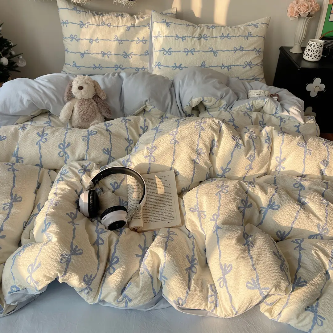 Puff Cotton Four-Piece Set, High-Weight A-Grade Bedding, Skin-Friendly and Soft Duvet Cover, Washed Cotton Bed Sheet, Bedspread for Dormitory