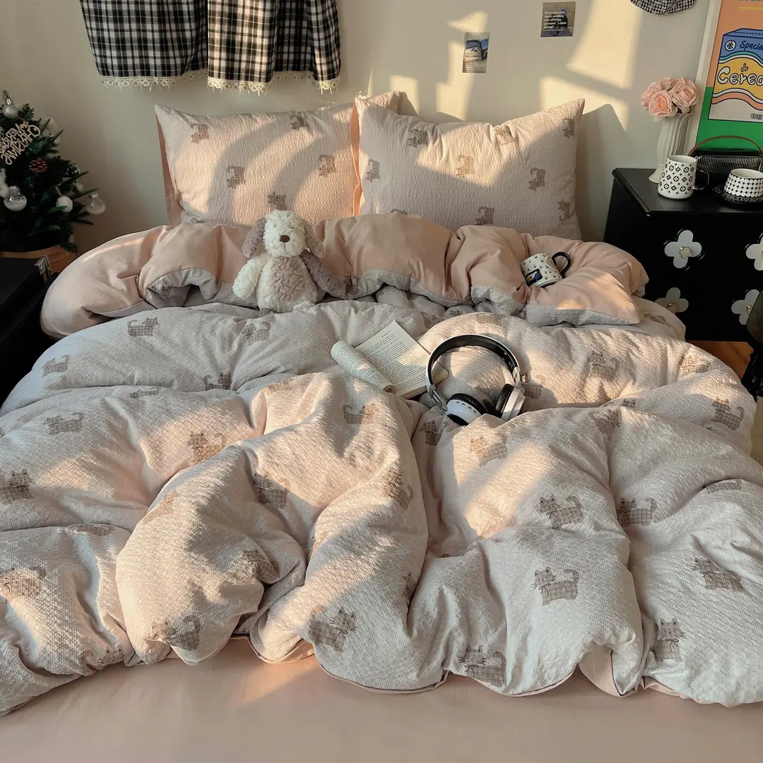 Puff Cotton Four-Piece Set, High-Weight A-Grade Bedding, Skin-Friendly and Soft Duvet Cover, Washed Cotton Bed Sheet, Bedspread for Dormitory