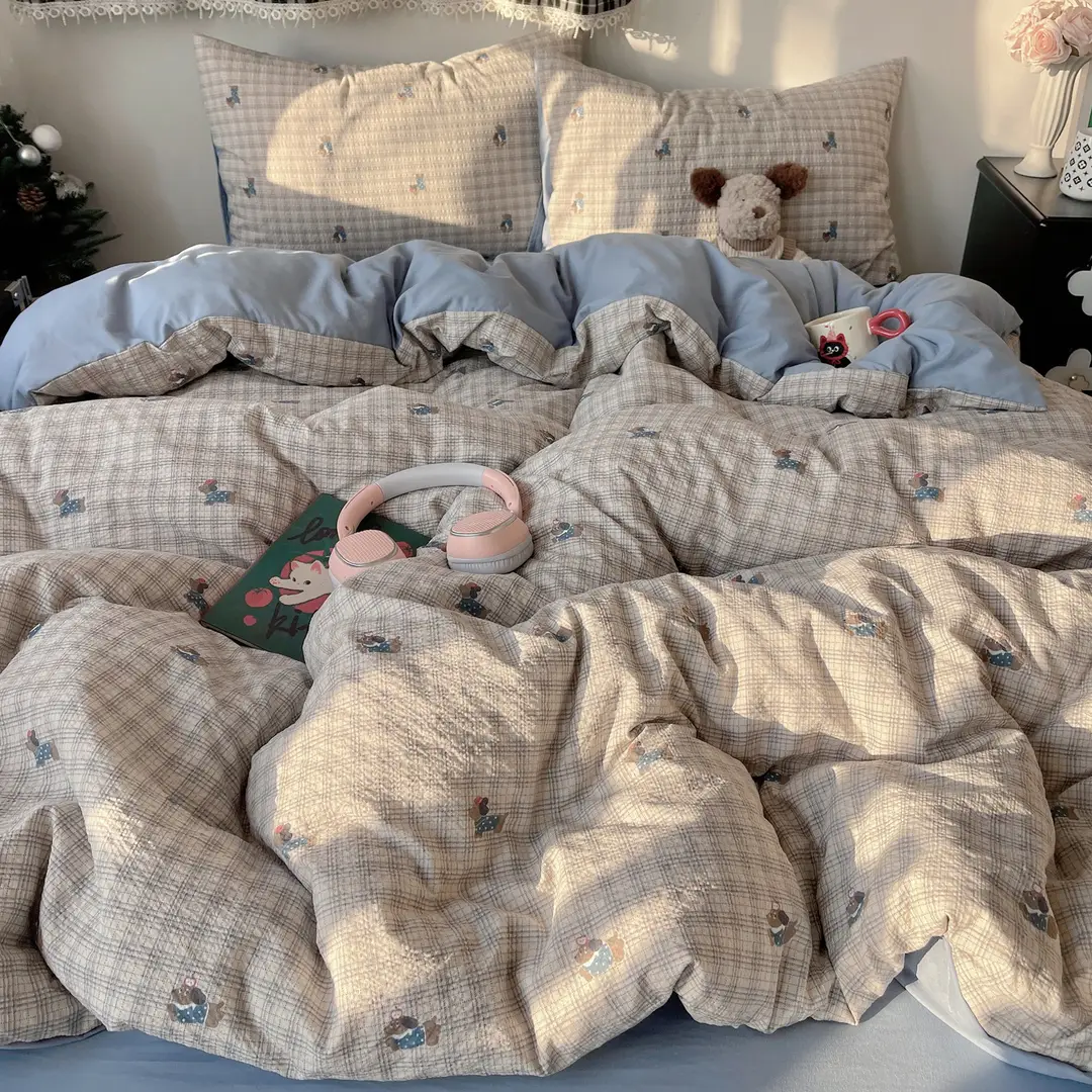 Puff Cotton Four-Piece Set, High-Weight A-Grade Bedding, Skin-Friendly and Soft Duvet Cover, Washed Cotton Bed Sheet, Bedspread for Dormitory