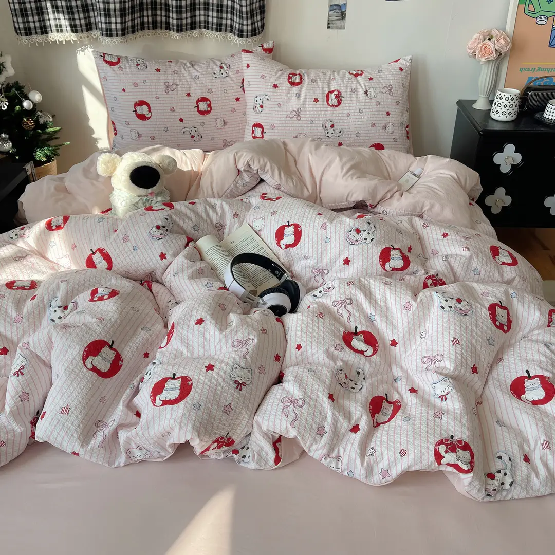 Puff Cotton Four-Piece Set, High-Weight A-Grade Bedding, Skin-Friendly and Soft Duvet Cover, Washed Cotton Bed Sheet, Bedspread for Dormitory