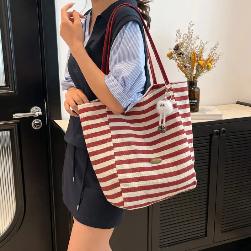 Striped Canvas Tote Bag 2025 Korean Style Large Capacity