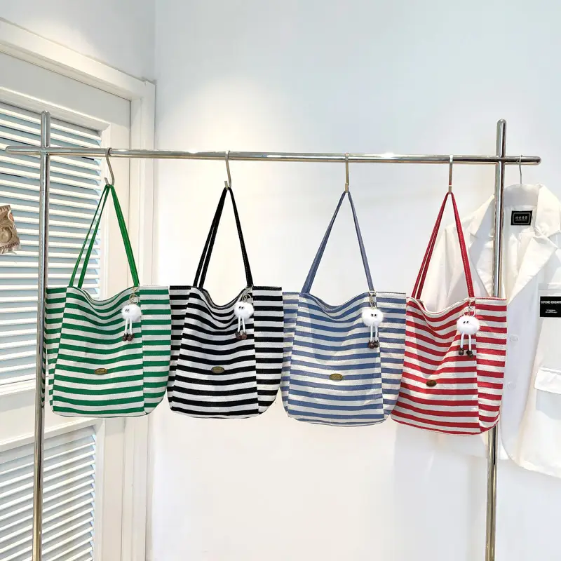 Striped Canvas Tote Bag 2025 Korean Style Large Capacity