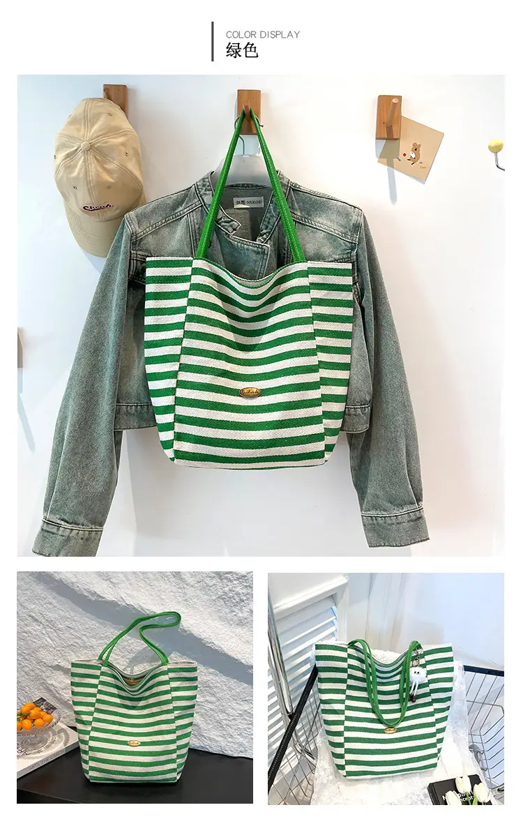 Striped Canvas Tote Bag 2025 Korean Style Large Capacity — feature 24