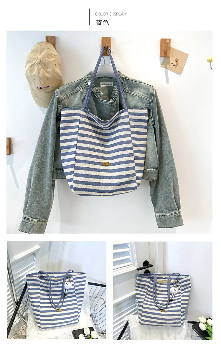 Striped Canvas Tote Bag 2025 Korean Style Large Capacity — feature 25