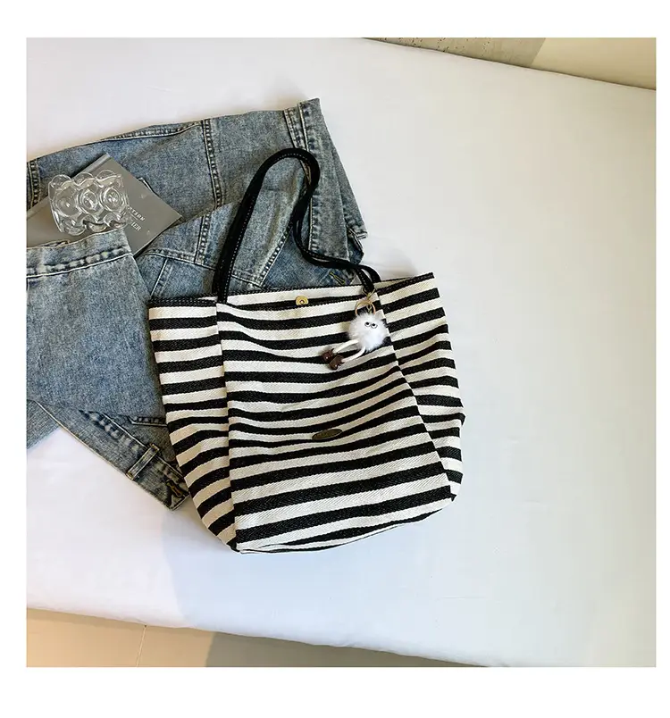 Striped Canvas Tote Bag 2025 Korean Style Large Capacity