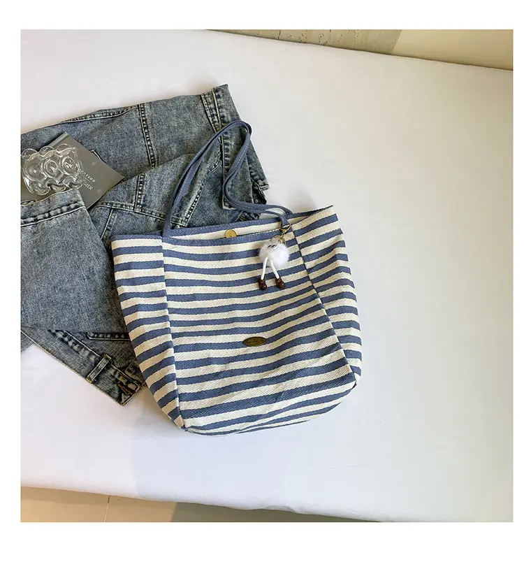 Striped Canvas Tote Bag 2025 Korean Style Large Capacity