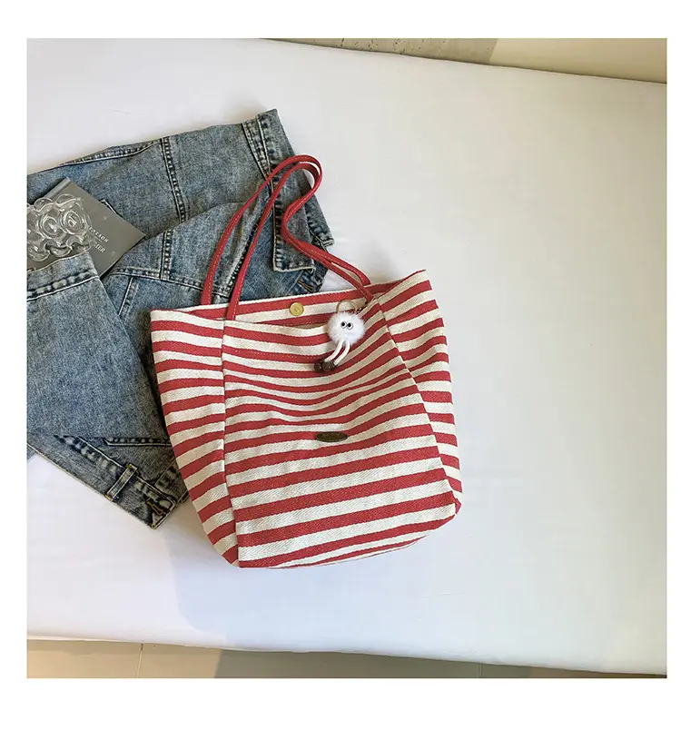 Striped Canvas Tote Bag 2025 Korean Style Large Capacity