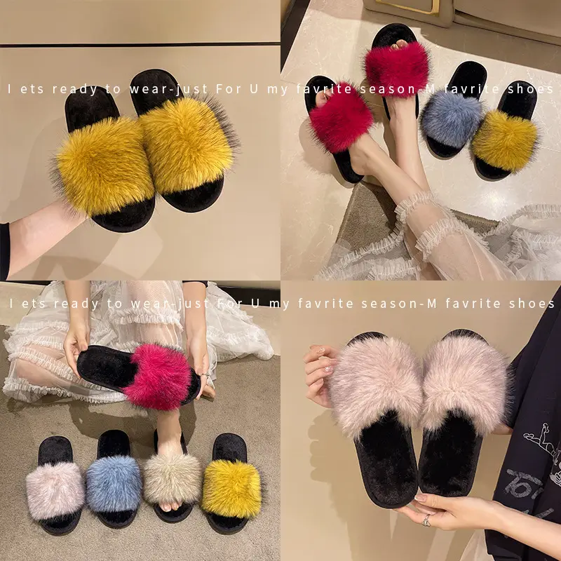 New Foreign Trade Colorful Mink Fur Slippers, Large Fur Fashion Cotton Slippers, Winter Warm Home Slippers for Women - Image 7