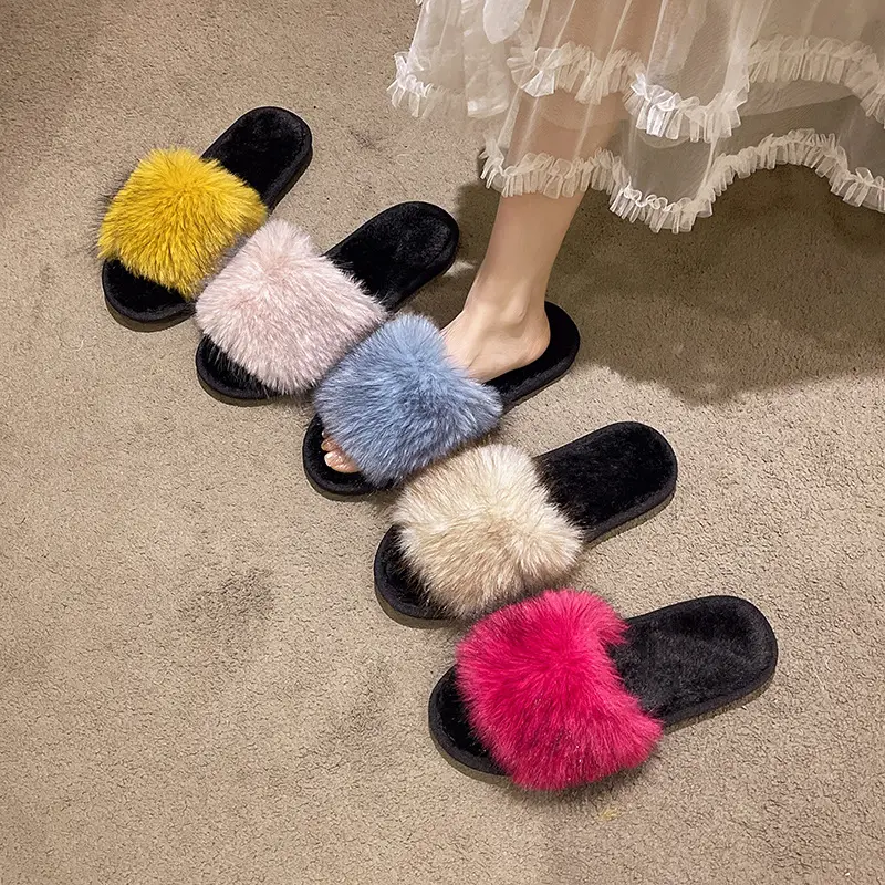 New Foreign Trade Colorful Mink Fur Slippers, Large Fur Fashion Cotton Slippers, Winter Warm Home Slippers for Women - Image 8