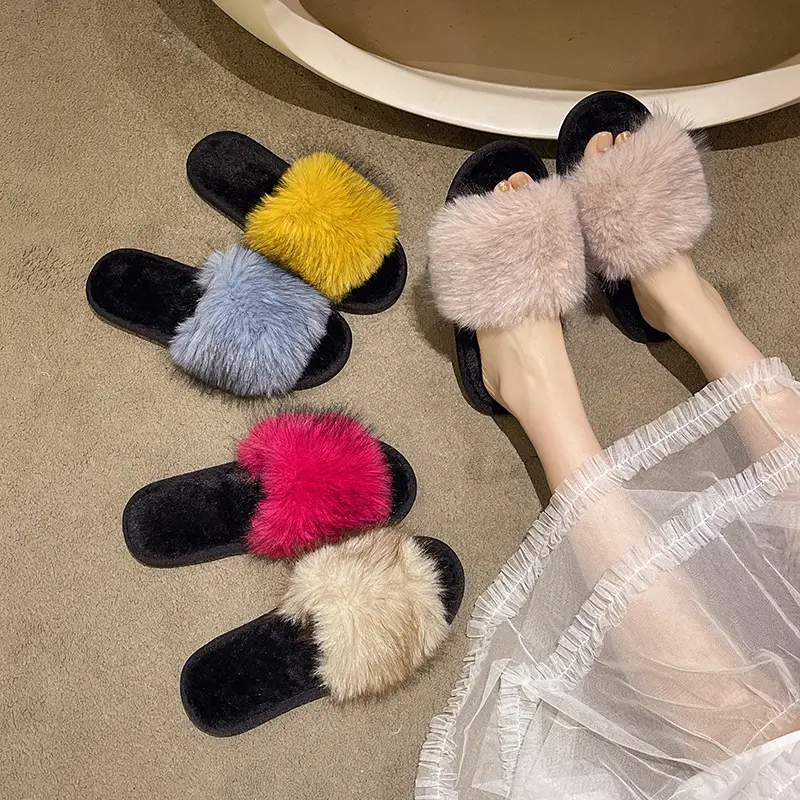 New Foreign Trade Colorful Mink Fur Slippers, Large Fur Fashion Cotton Slippers, Winter Warm Home Slippers for Women - Image 9
