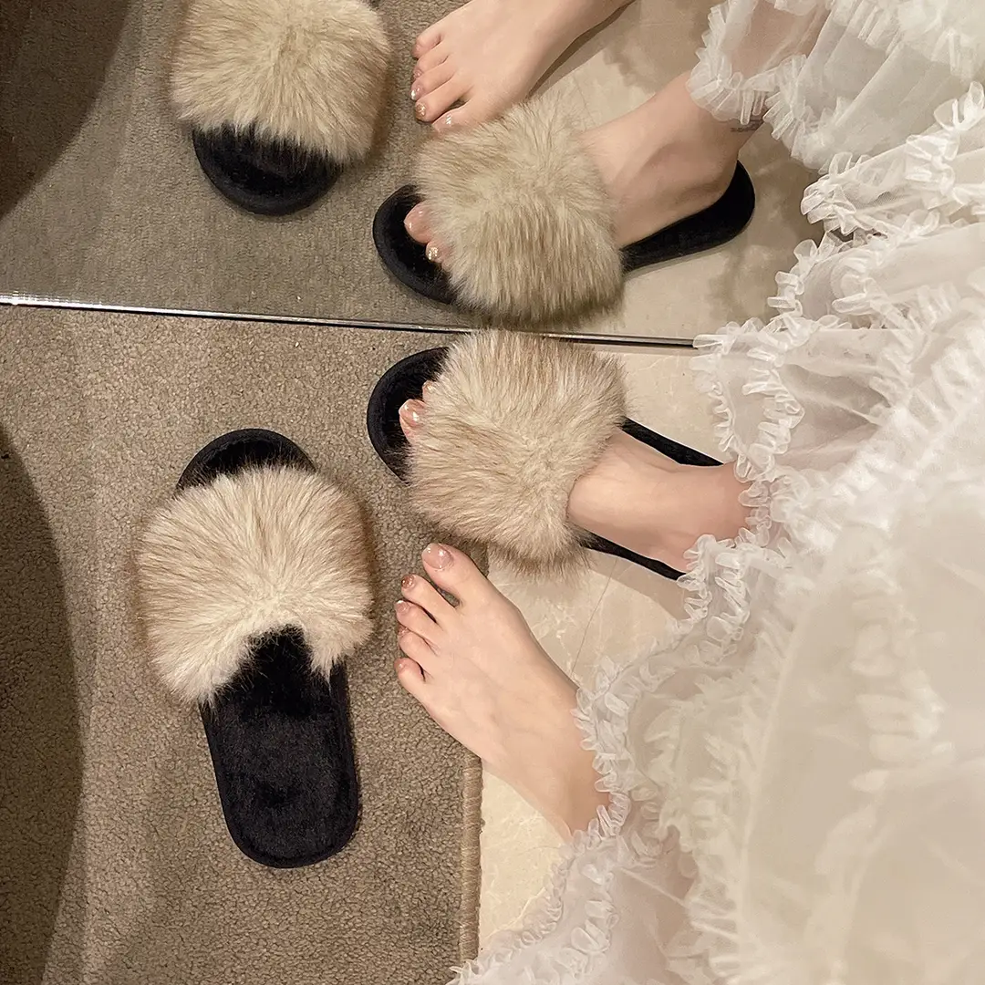 New Foreign Trade Colorful Mink Fur Slippers, Large Fur Fashion Cotton Slippers, Winter Warm Home Slippers for Women - Image 2