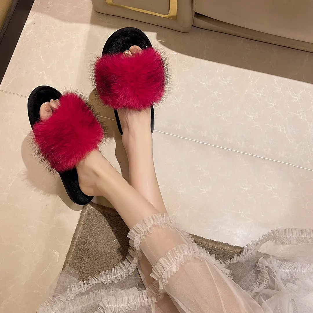 New Foreign Trade Colorful Mink Fur Slippers, Large Fur Fashion Cotton Slippers, Winter Warm Home Slippers for Women - Image 3