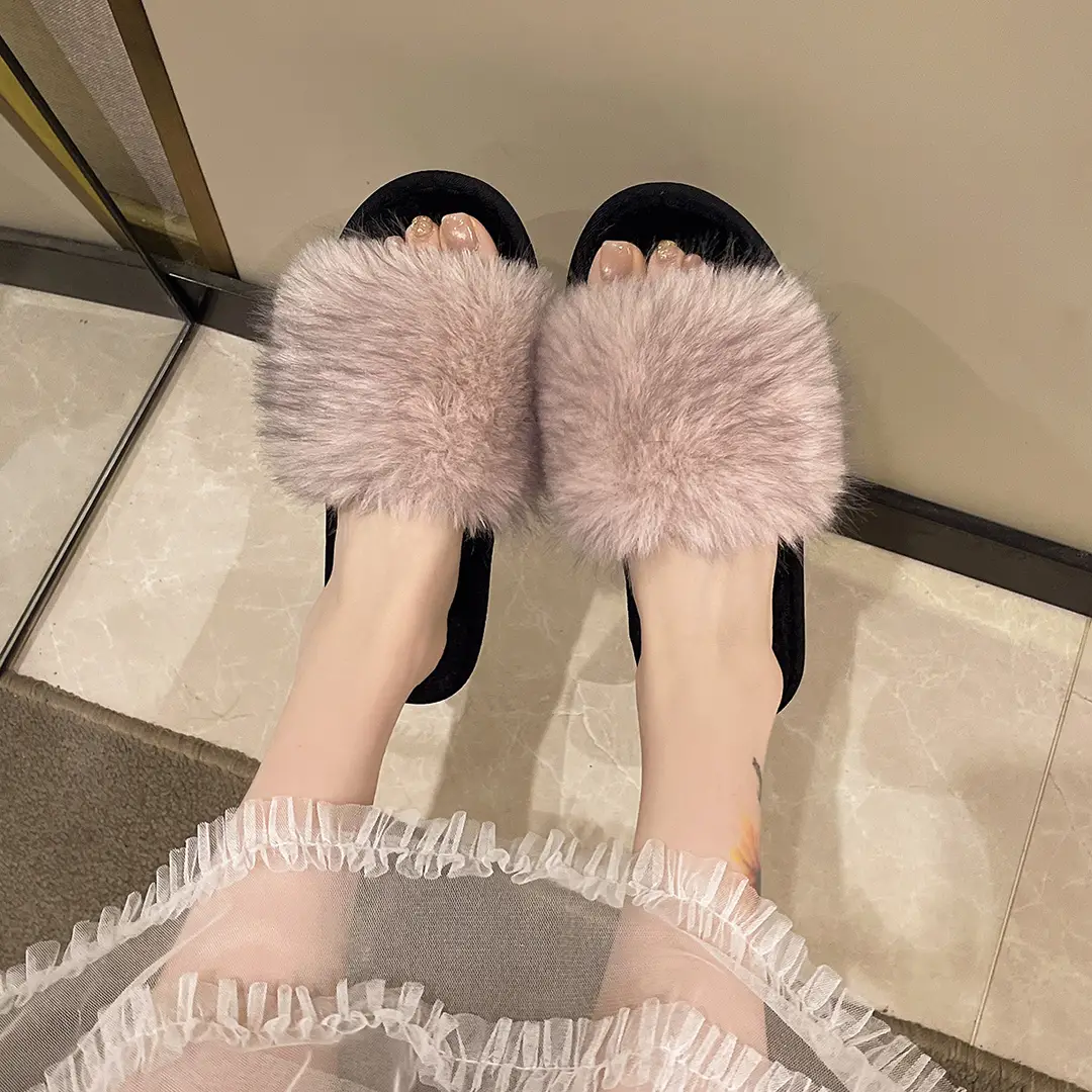 New Foreign Trade Colorful Mink Fur Slippers, Large Fur Fashion Cotton Slippers, Winter Warm Home Slippers for Women - Image 4