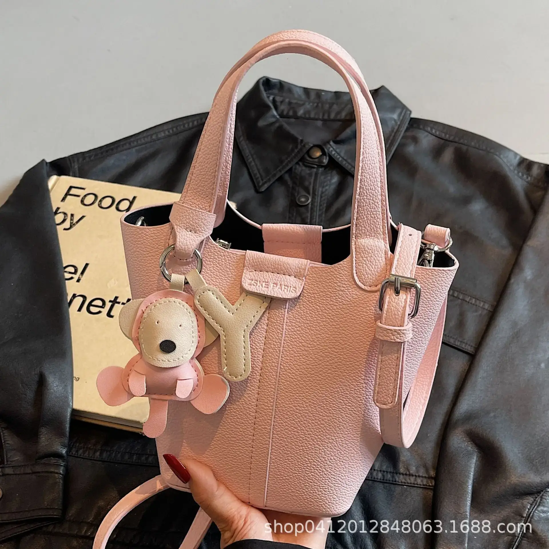 Beige Lychee Bucket Bag with Charm & Strap - Image 13
