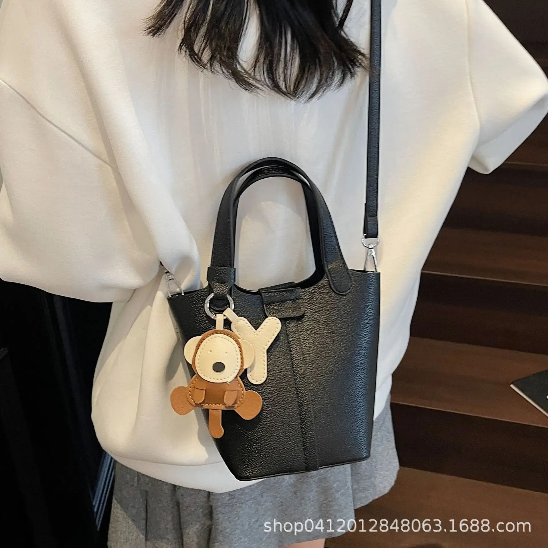 Beige Lychee Bucket Bag with Charm & Strap - Image 14