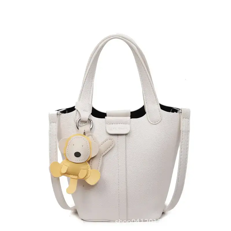 Beige Lychee Bucket Bag with Charm & Strap - Image 15