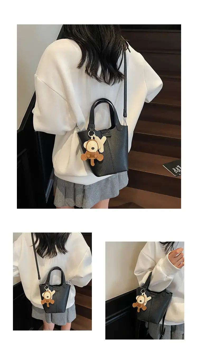 Beige Lychee Bucket Bag with Charm & Strap — feature 11