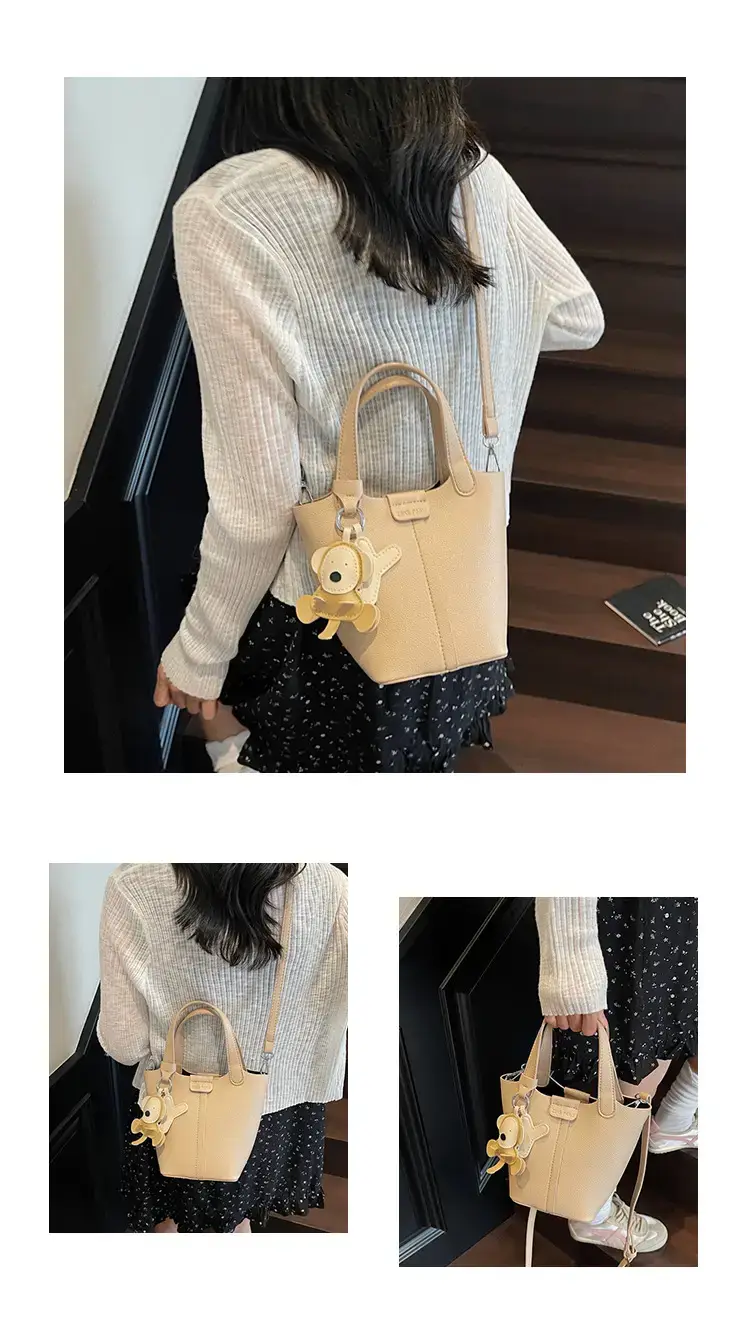 Beige Lychee Bucket Bag with Charm & Strap — feature 15