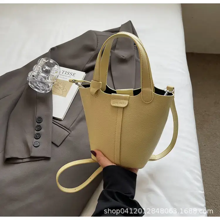 Beige Lychee Bucket Bag with Charm & Strap - Image 10