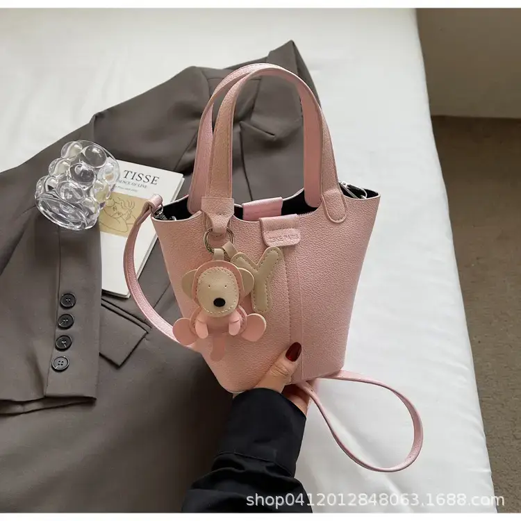 Beige Lychee Bucket Bag with Charm & Strap - Image 3