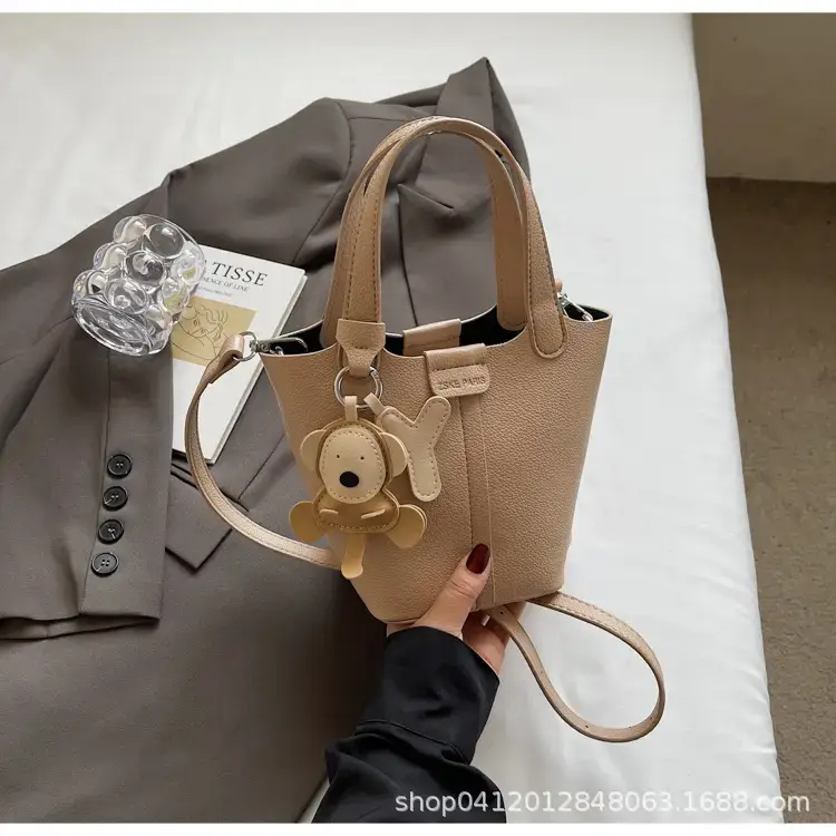 Beige Lychee Bucket Bag with Charm & Strap - Image 4