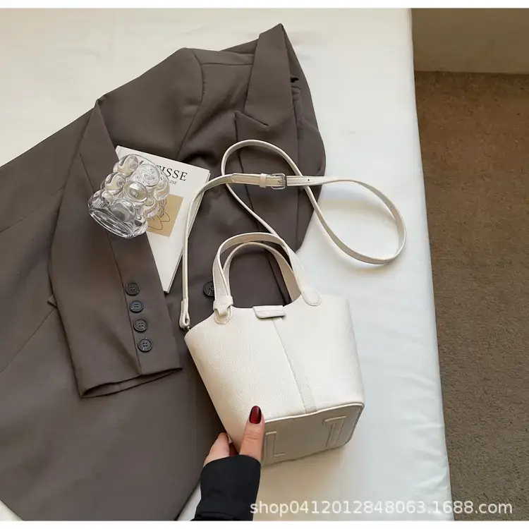 Beige Lychee Bucket Bag with Charm & Strap - Image 6