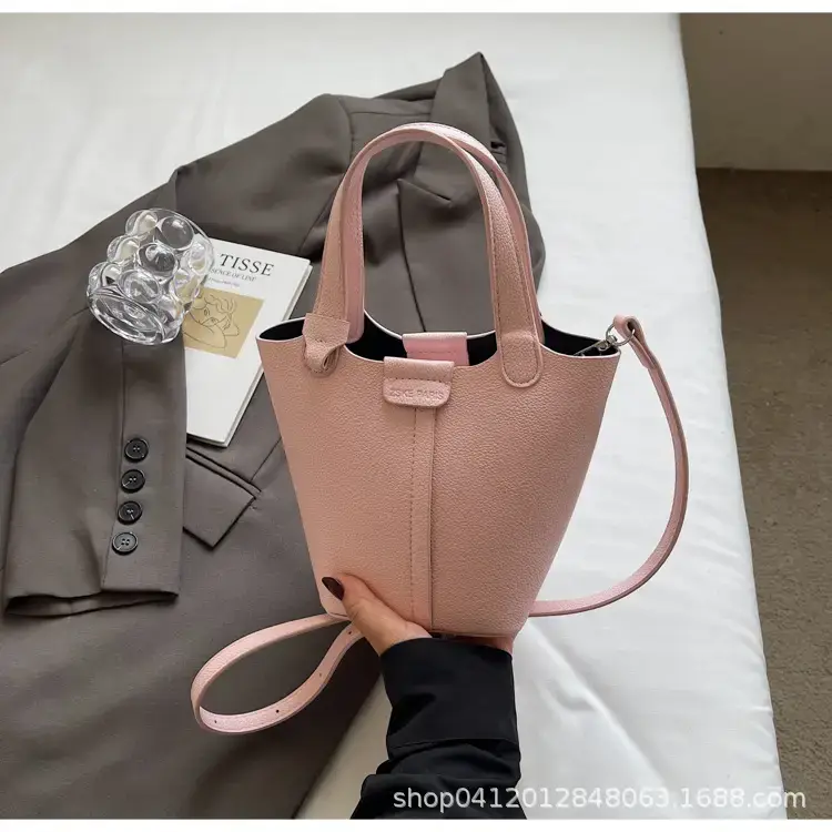 Beige Lychee Bucket Bag with Charm & Strap - Image 7