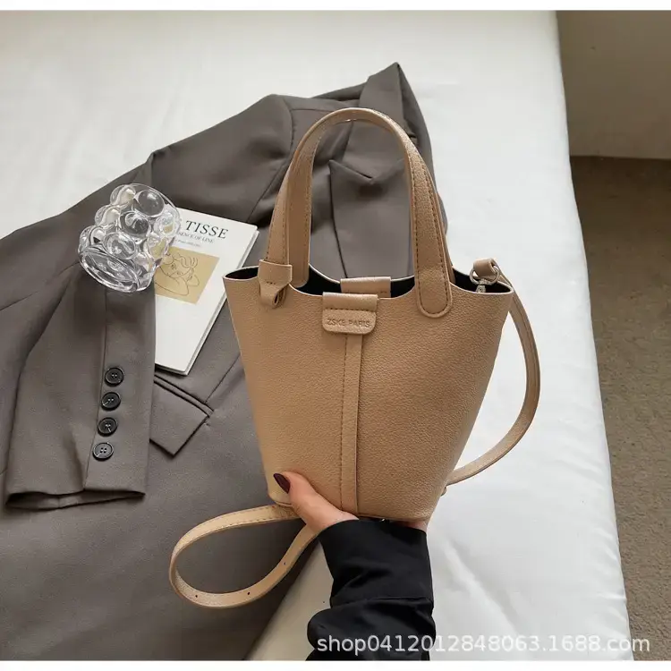 Beige Lychee Bucket Bag with Charm & Strap - Image 8