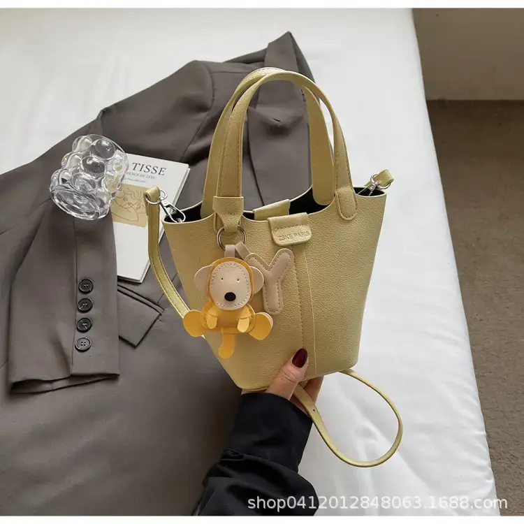 Beige Lychee Bucket Bag with Charm & Strap - Image 9