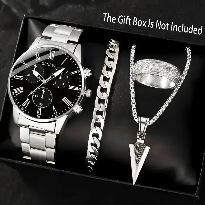 Temu Popular 4-Piece Men's Watch Fully Automatic Glass Quartz Watch Fashionable Luminous Watch Cross Necklace