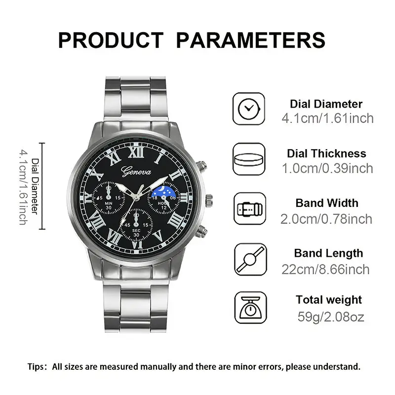 Temu Popular 4-Piece Men's Watch Fully Automatic Glass Quartz Watch Fashionable Luminous Watch Cross Necklace