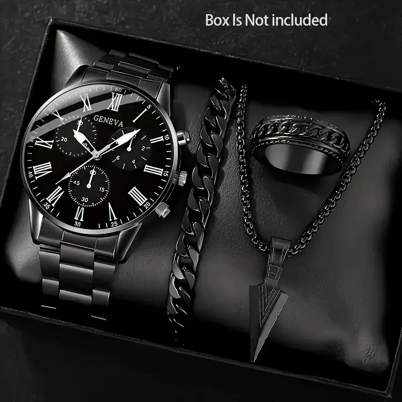 Temu Popular 4-Piece Men's Watch Fully Automatic Glass Quartz Watch Fashionable Luminous Watch Cross Necklace