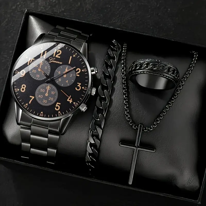Temu Popular 4-Piece Men's Watch Fully Automatic Glass Quartz Watch Fashionable Luminous Watch Cross Necklace