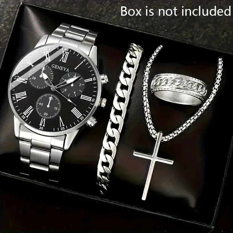 Temu Popular 4-Piece Men's Watch Fully Automatic Glass Quartz Watch Fashionable Luminous Watch Cross Necklace