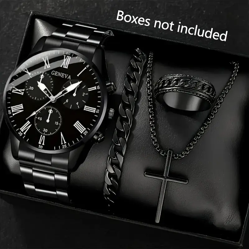 Temu Popular 4-Piece Men's Watch Fully Automatic Glass Quartz Watch Fashionable Luminous Watch Cross Necklace