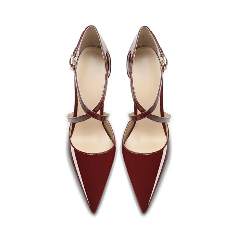 Cross-Strap High-Heeled Shoes for Women with Thin Heels and Red Soles, New Style for Spring/Summer 2026, Single Strap Buckle, Wine Red Closed-Toe Sandals - Image 3